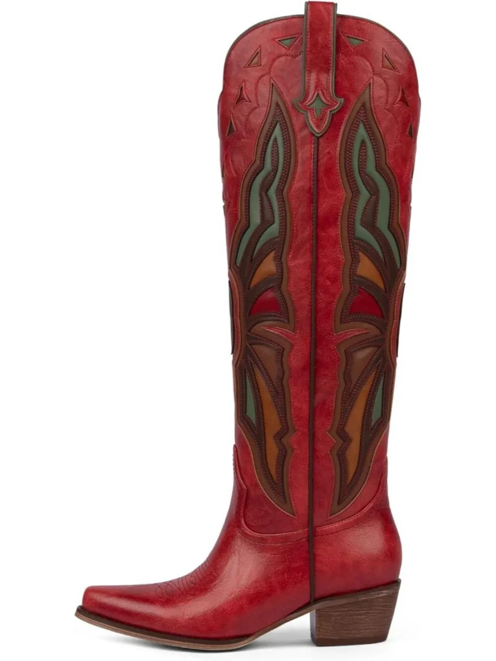Women's Red Cowboy Knee High Chunky Heel Butterfly Cowgirl Boots Wide Calf